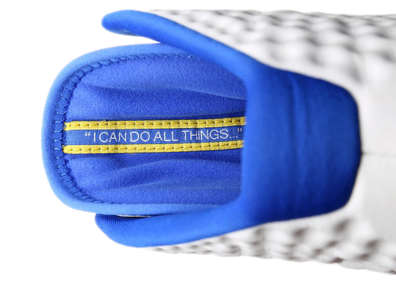 Photograph of the inside of Stephen Curry's shoe that reads, "I can do all things" - D.E. Jones Ministries.